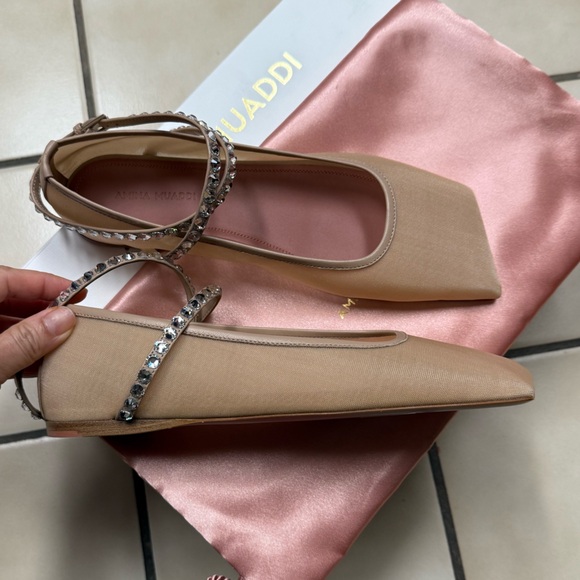 NIB AMINA MUADDI Ane Mesh Crystal Ankle-Strap Ballerina Flats